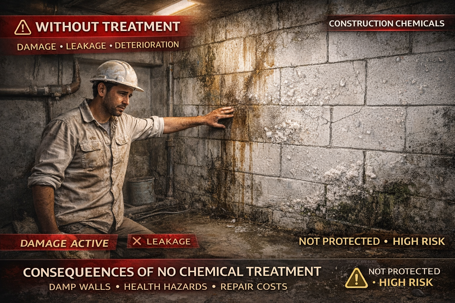 A dramatic, high-impact marketing image showing the damaging effects of a lightweight block wall WITHOUT any construction chemical treatment.