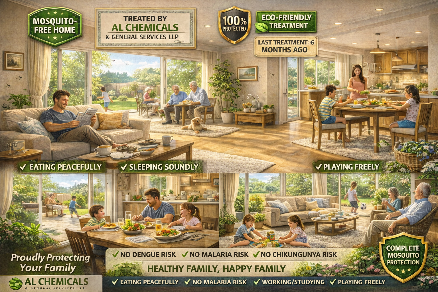 MOSQUITO CONTROL SUCCESSFULLY COMPLETED ✅ ║ ║ BY AL CHEMICALS & GENERAL SERVICES LLP ║A bright, beautiful, heartwarming scene of a FAMILY HOUSE .