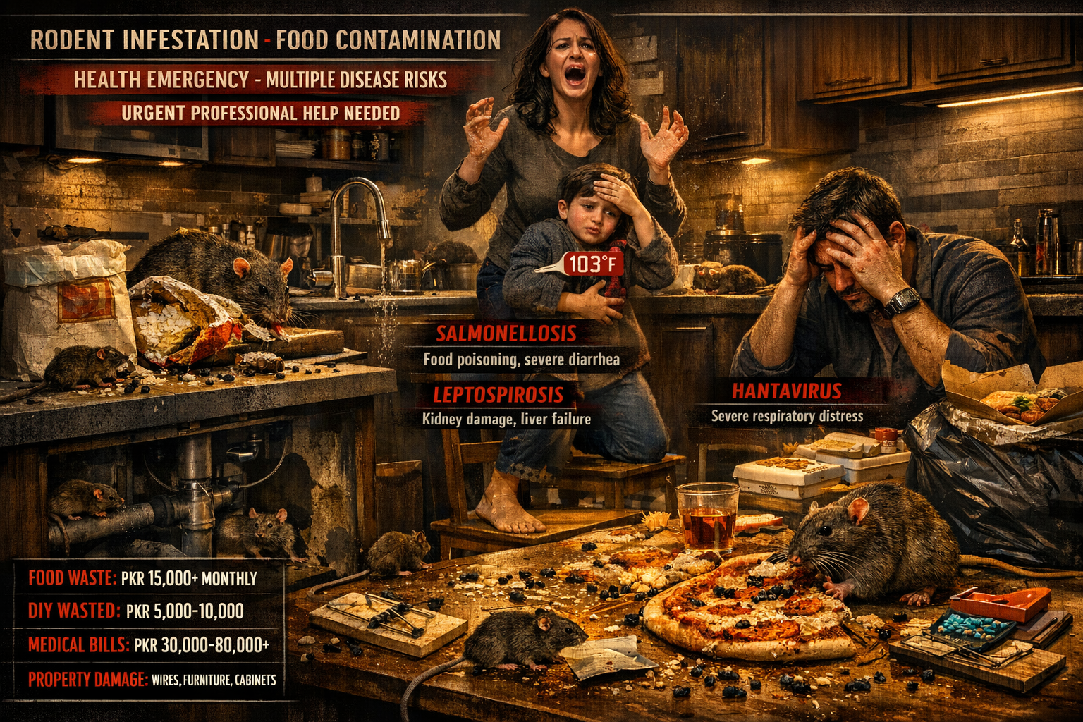 A stylish, cinematic, premium image of a modern kitchen at night showing a severe RAT and MICE infestation causing FOOD CONTAMINATION and HEALTH ISSUES. Dark, moody, urgent aesthetic for pest control
