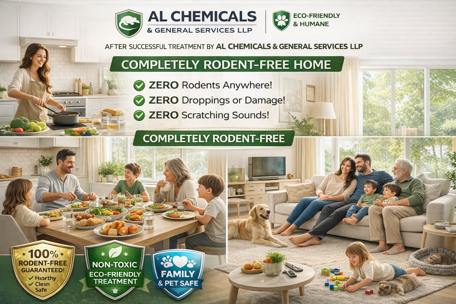 A stylish, beautiful, aspirational image showing a COMPLETELY RODENT-FREE HOME after successful treatment by AL CHEMICALS & GENERAL SERVICES LLP. Family enjoying healthy, peaceful, restored life.