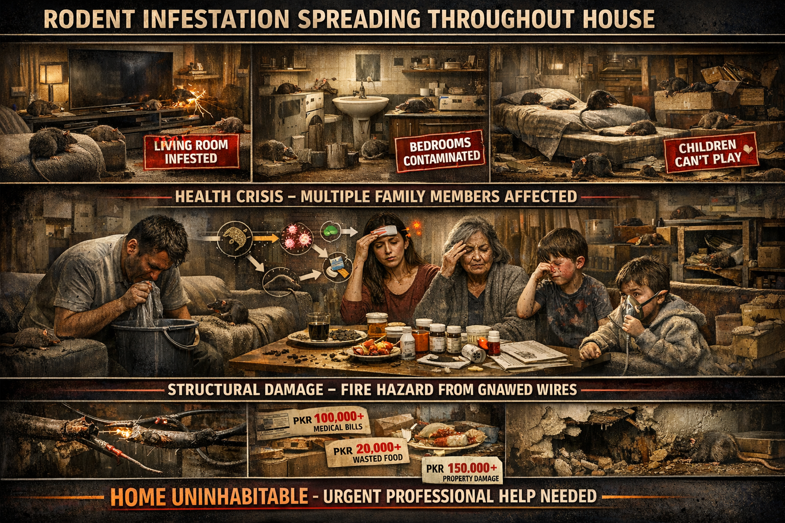 A stylish, dramatic, premium image showing RODENTS SPREADING throughout the house - living room, bedrooms, bathroom, storage areas - causing WIDESPREAD HEALTH ISSUES and FAMILY DISRUPTION. Dark