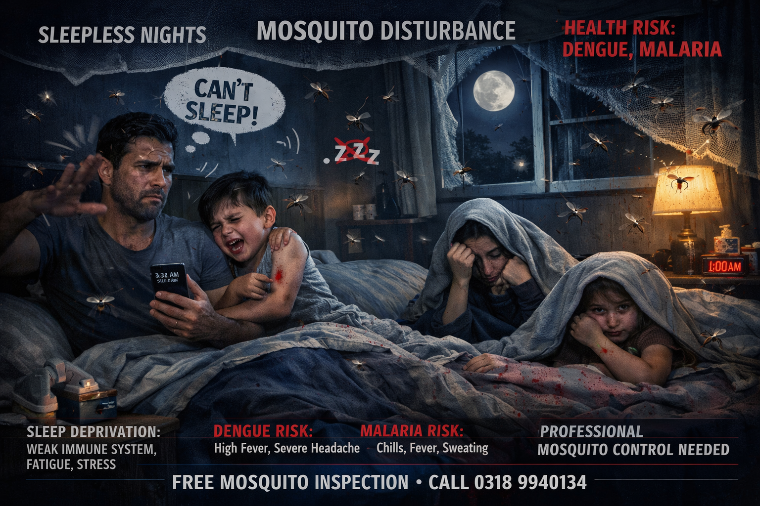 A realistic, emotionally impactful nighttime scene of a FAMILY BEDROOM with ACTIVE MOSQUITOES disturbing parents and children, causing SEVERE SLEEP DIFFICULTY. Dark, frustrating,