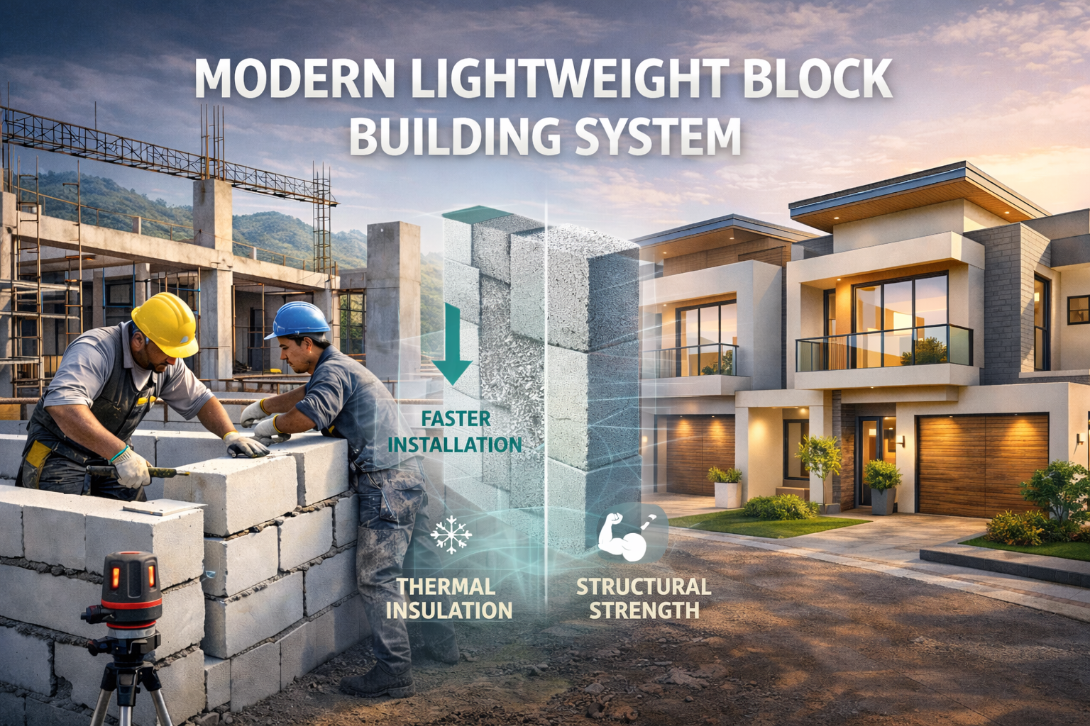 Modern building wall made with lightweight blocks