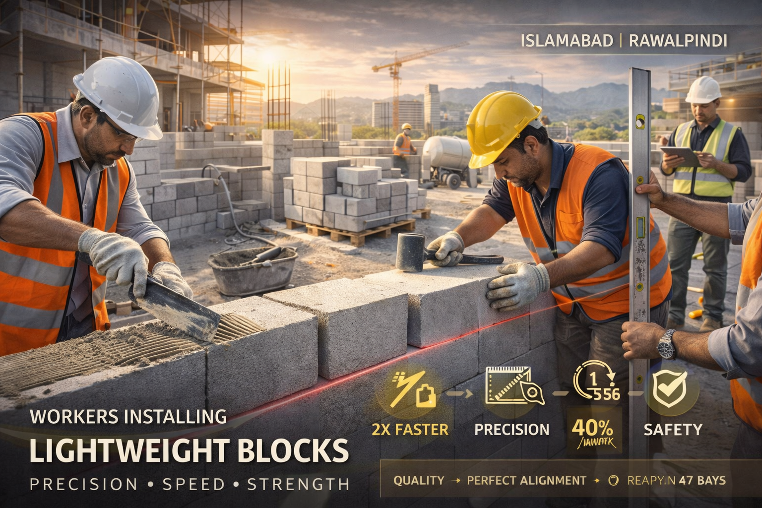 Workers installing lightweight blocks in a building